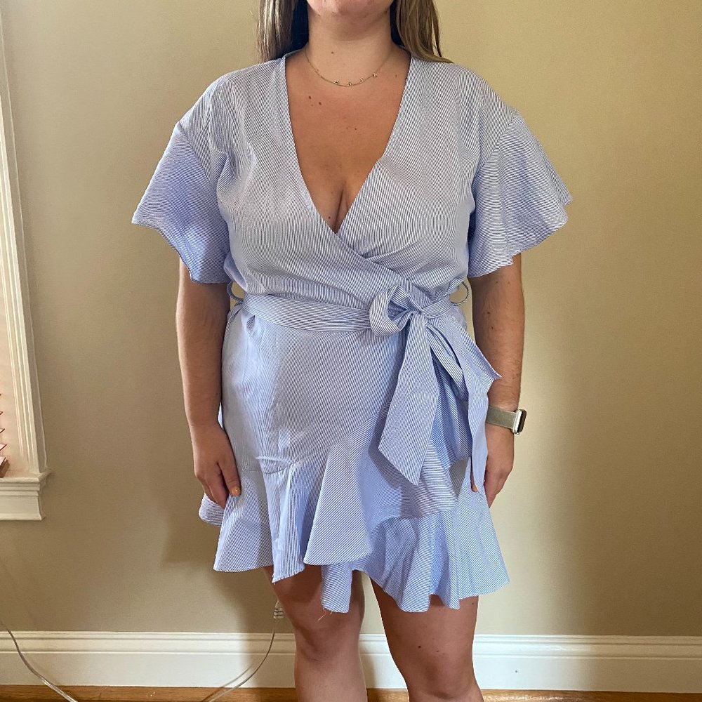 Blue and white pinstripe wrap dress